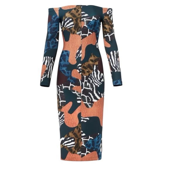 Yigal Azrouel 2 Multicolor Mash Up Animal Print Off Shoulder Long Sleeve Dress - Picture 1 of 7
